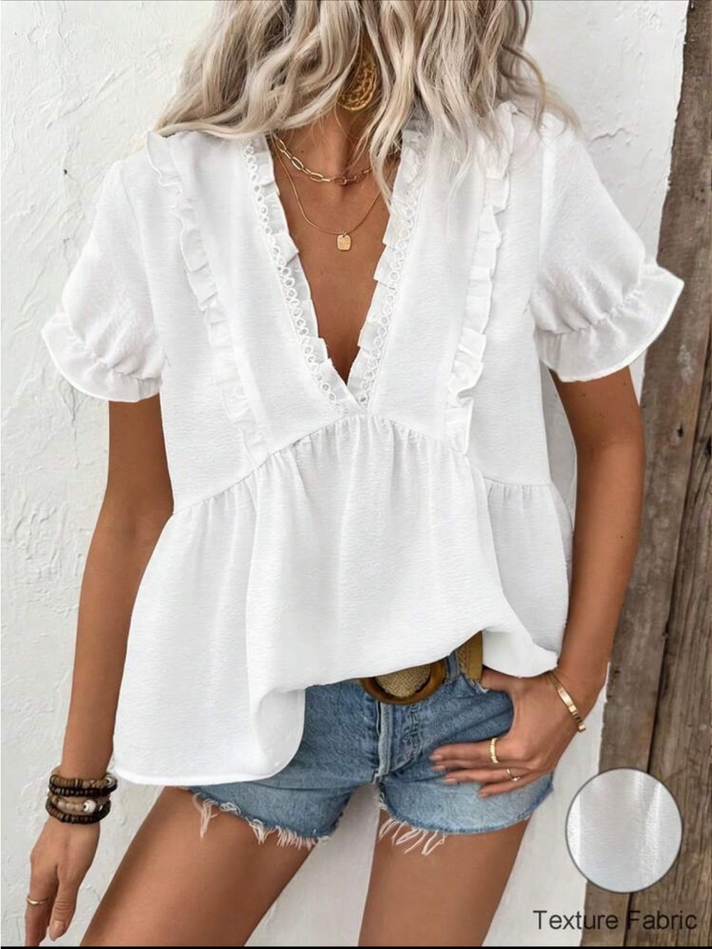 Rouge! White Ruffled V-Neck Short Sleeve Blouse
